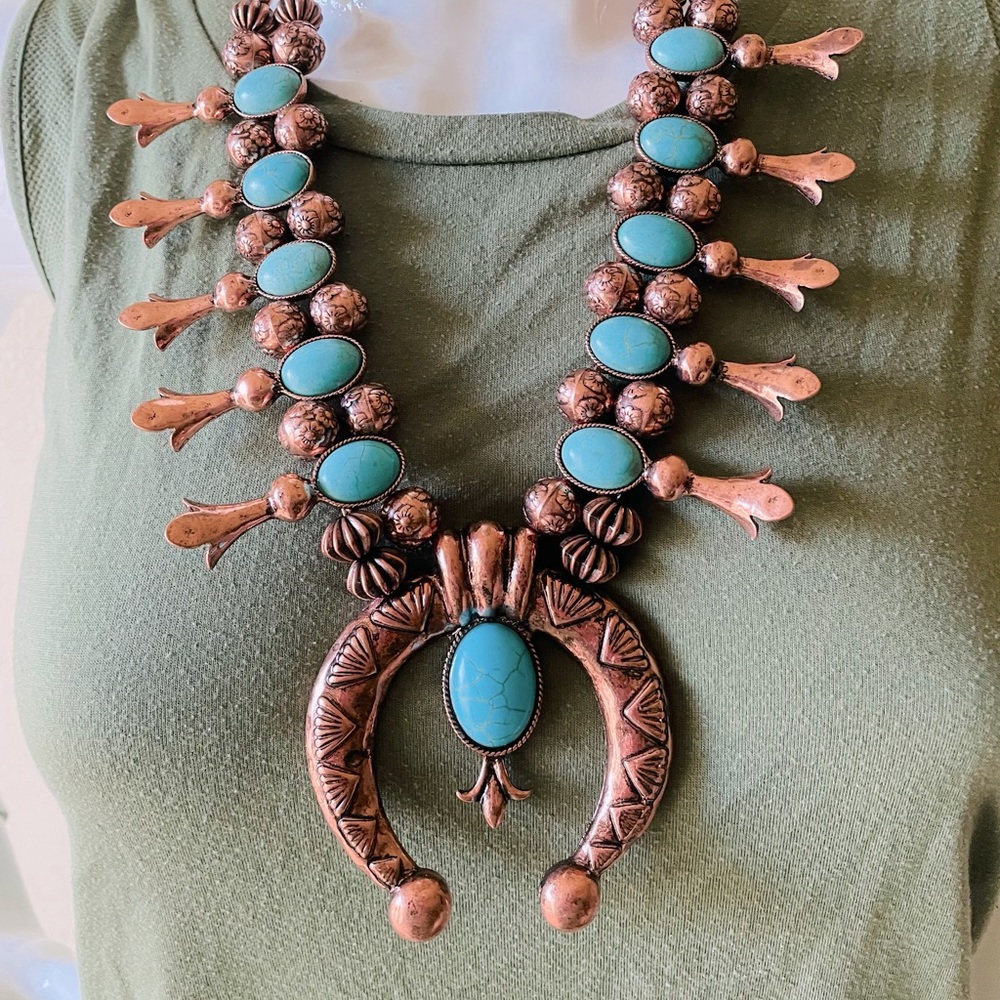 Boho Copper Squash Blossom Necklace Set
